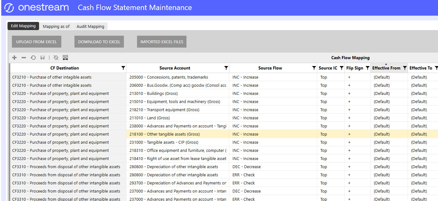 Onestream cash flow statement maintenance